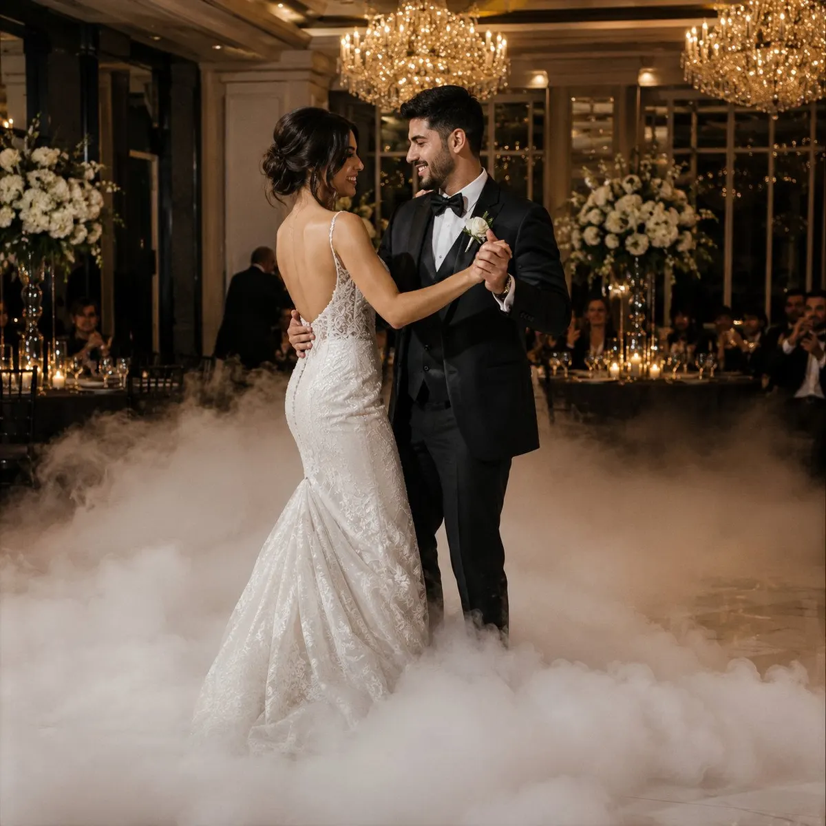 Couple's first dance surrounded by low cloud